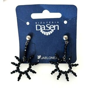 New Vintage Jablonex Czech Glass Seed Bead Starburst Earrings DaSen Carded Black